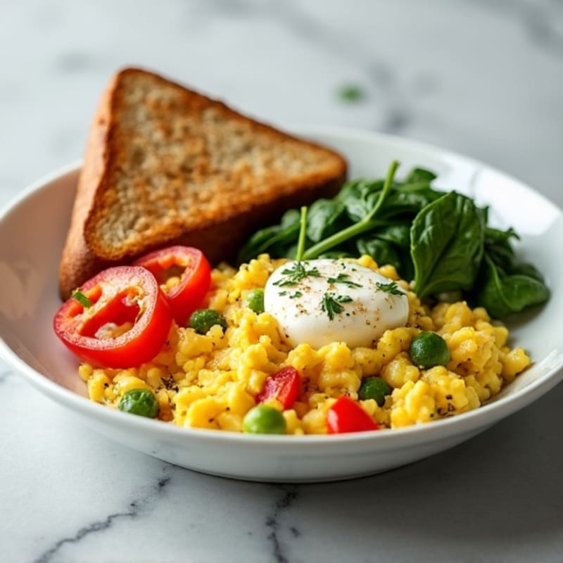 Egg White Veggie Scramble with Cottage Cheese & Toast