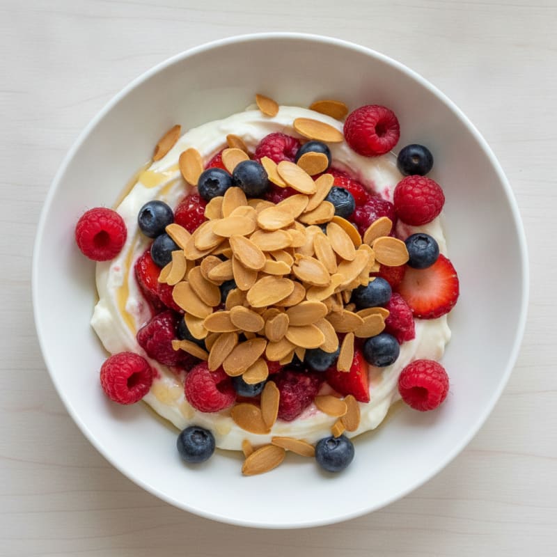 Greek Yogurt Protein Parfait with Mixed Berries and Almonds