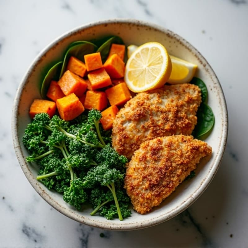 Crispy Chicken Power Bowl with Roasted Sweet Potatoes and Greens