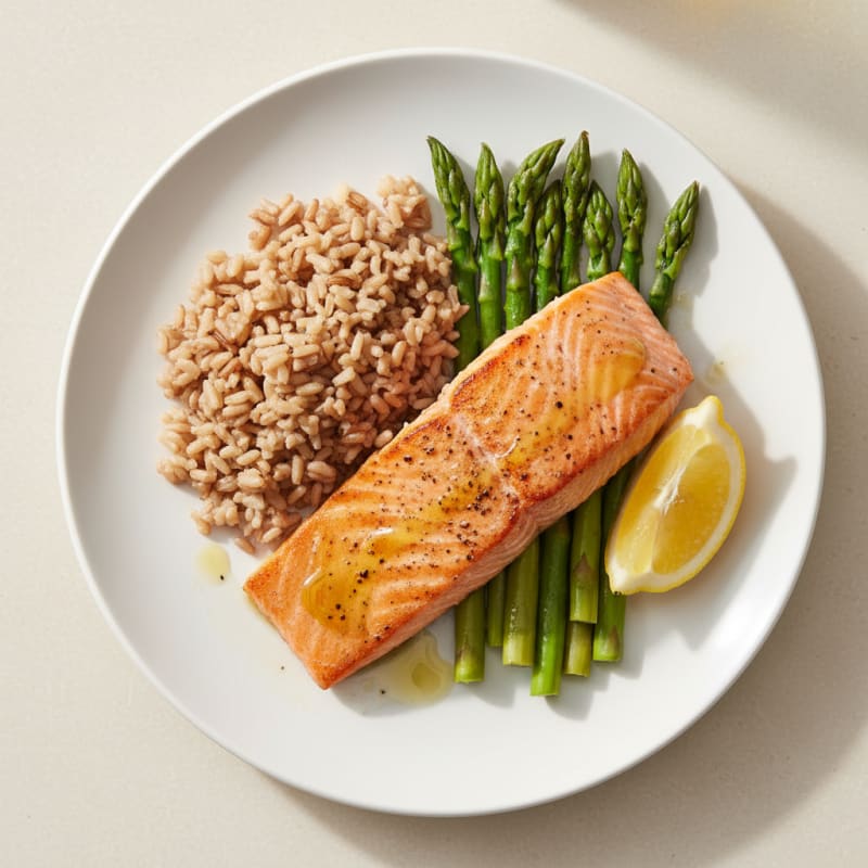 Seared Salmon Fillet with Steamed Asparagus and Brown Rice