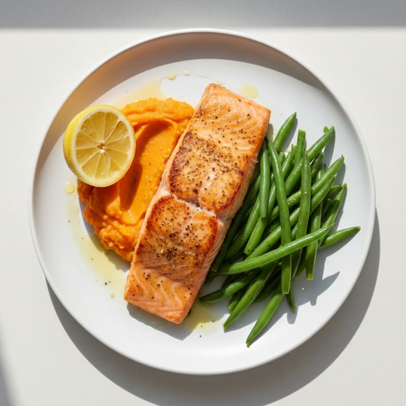 Seared Salmon Filet with Steamed Green Beans and Sweet Potato Mash