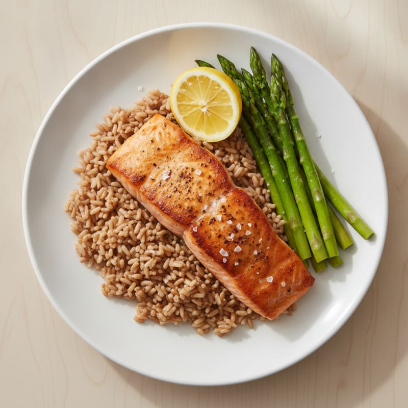 Seared Salmon Fillet with Steamed Asparagus and Brown Rice