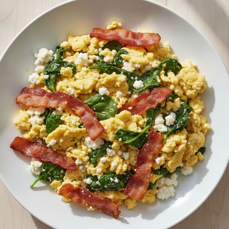 Cottage Cheese Egg Scramble with Spinach and Turkey Bacon