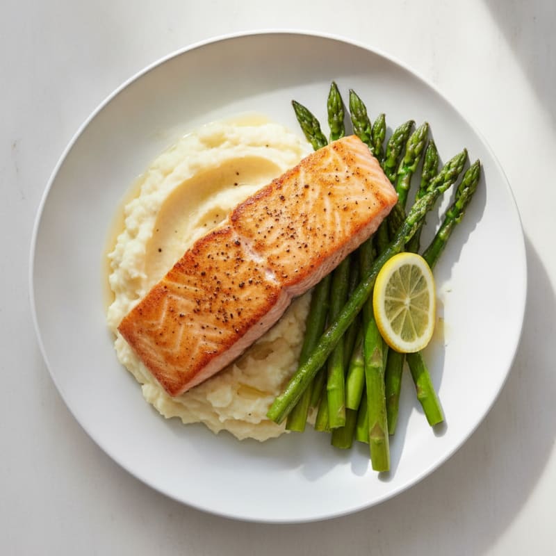 Seared Salmon Fillet with Roasted Asparagus and Cauliflower Mash