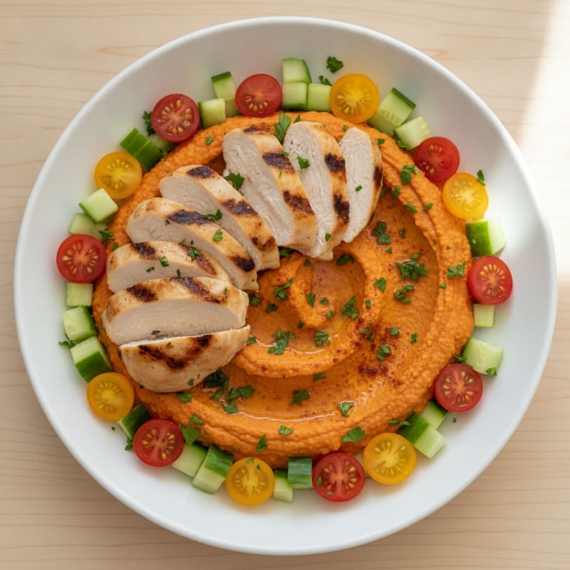 Roasted Red Pepper Hummus Bowl with Grilled Chicken
