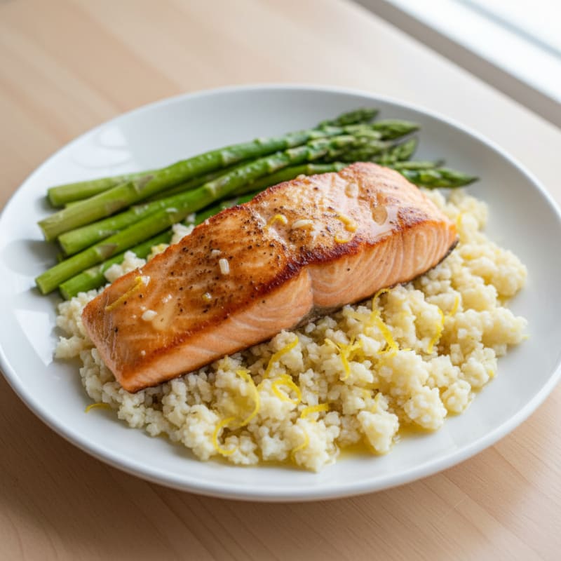 Seared Salmon with Steamed Asparagus and Lemon Zest Cauliflower Rice