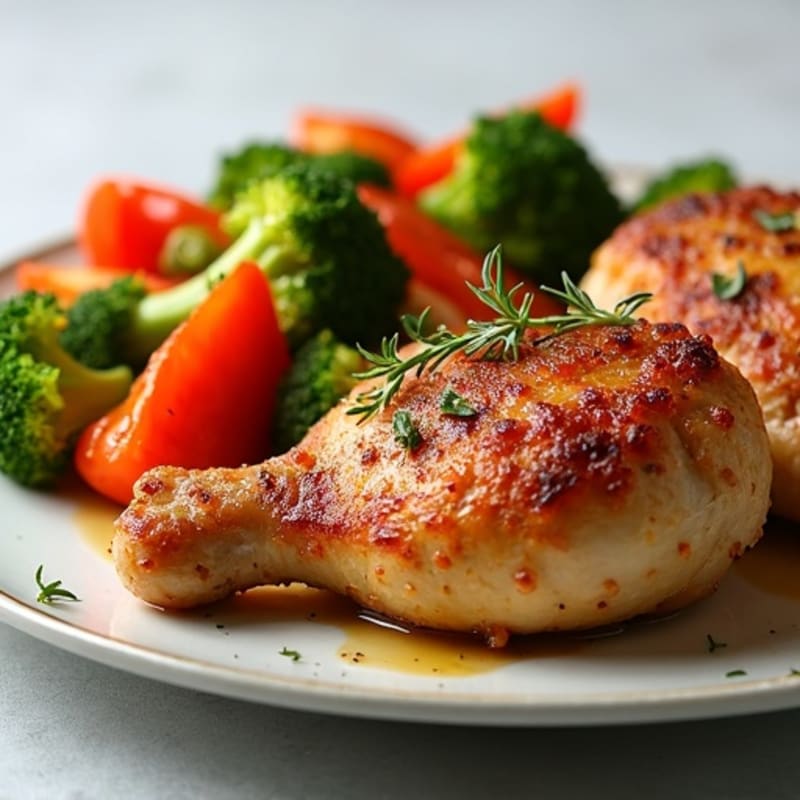 Crispy Baked Chicken Thighs with Roasted Broccoli and Bell Peppers
