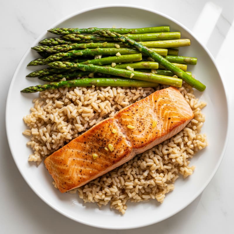 Seared Salmon with Lemon Garlic Asparagus and Brown Rice