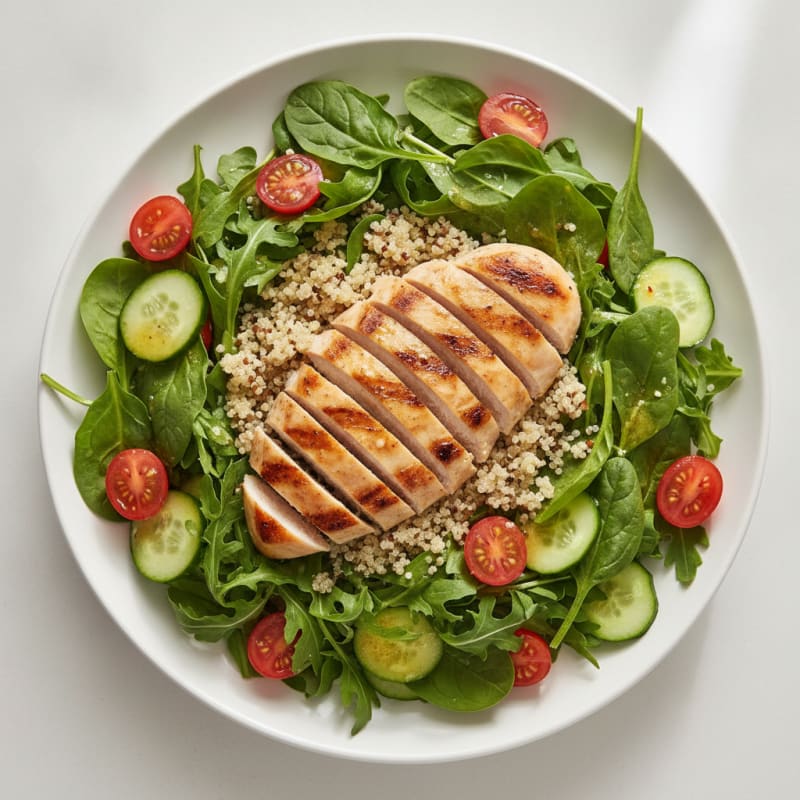 Grilled Chicken Breast Salad with Mixed Greens and Quinoa