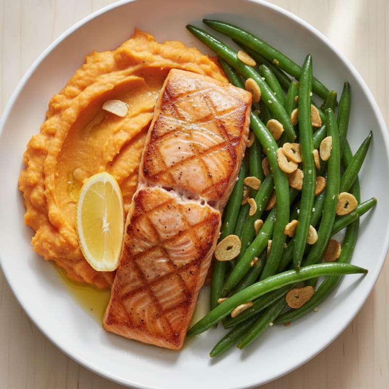 Seared Salmon with Garlic Green Beans and Sweet Potato Mash