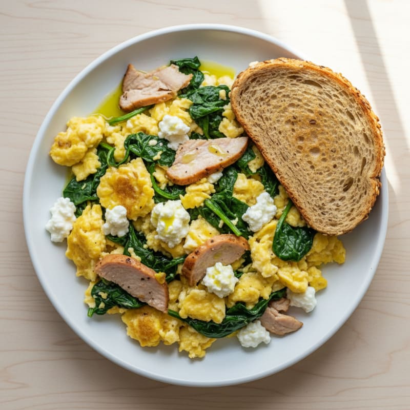 Cottage Cheese Egg Scramble with Spinach and Roasted Turkey