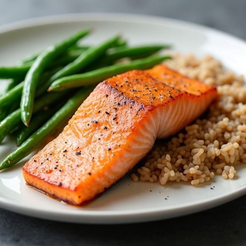 Seared Salmon Fillet with Steamed Green Beans and Brown Rice