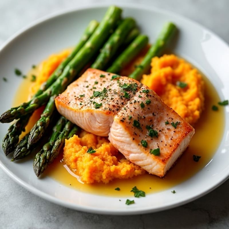 Seared Salmon with Roasted Asparagus and Sweet Potato Mash