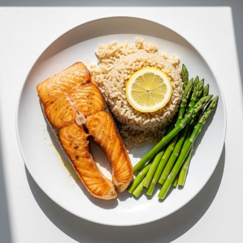 Seared Salmon with Steamed Asparagus and Brown Rice