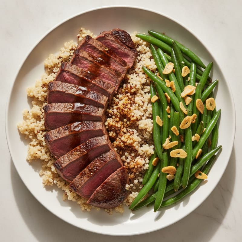 Seared Beef Steak with Garlic Green Beans and Quinoa