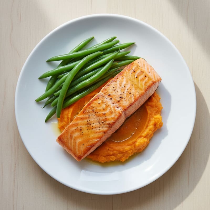 Seared Salmon with Steamed Green Beans and Sweet Potato Mash