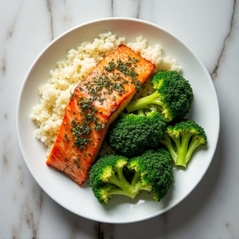 Herb-Crusted Salmon with Roasted Broccoli and Cauliflower Rice