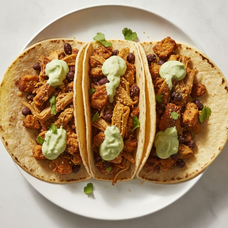 Jackfruit and Tempeh Carnitas Tacos with Avocado Crema