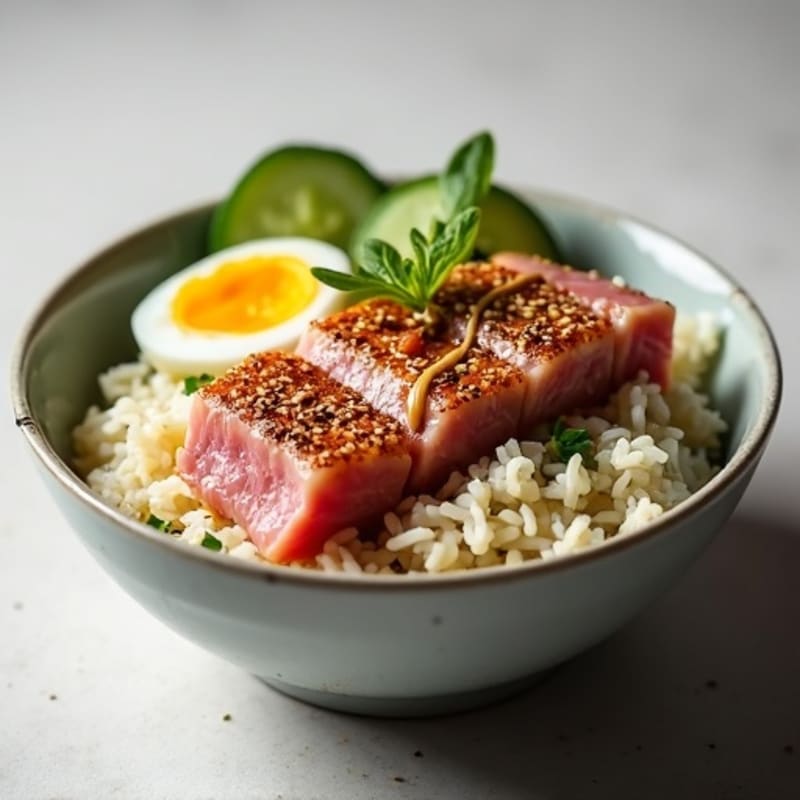 Sesame-Crusted Seared Tuna Rice Bowl with Soft Egg