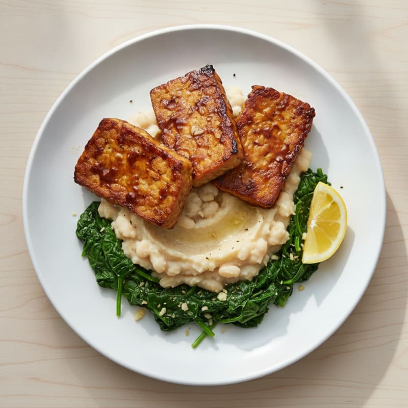 Seared Tempeh Steaks with Garlic Spinach and White Bean Mash