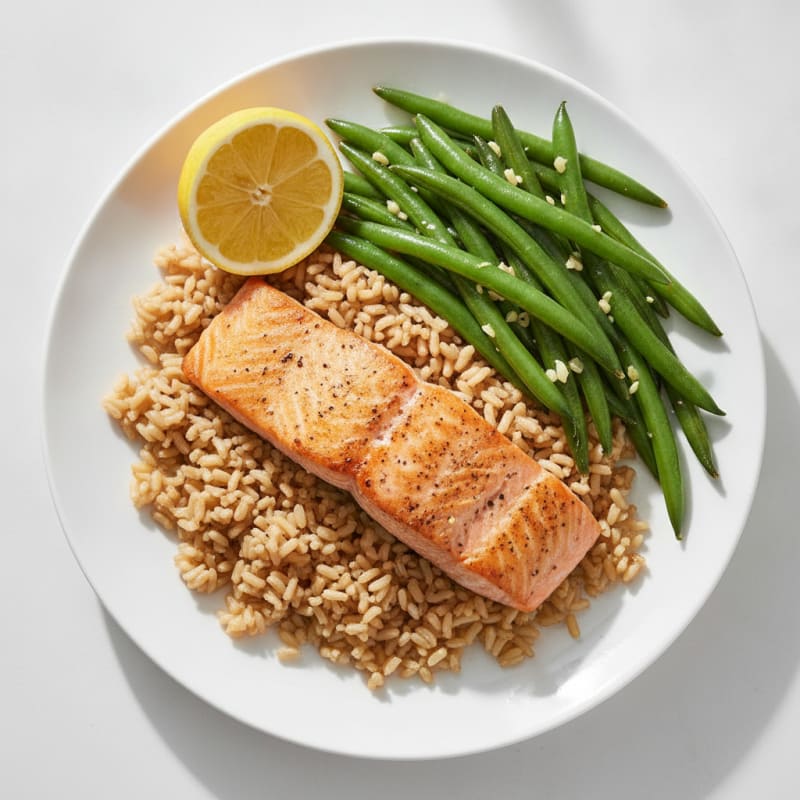 Seared Salmon with Garlic Green Beans and Brown Rice