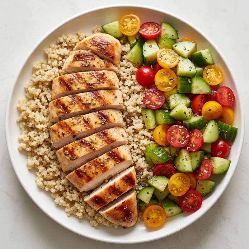 Grilled Chicken Breast with Quinoa and Crunchy Cucumber Tomato Salad