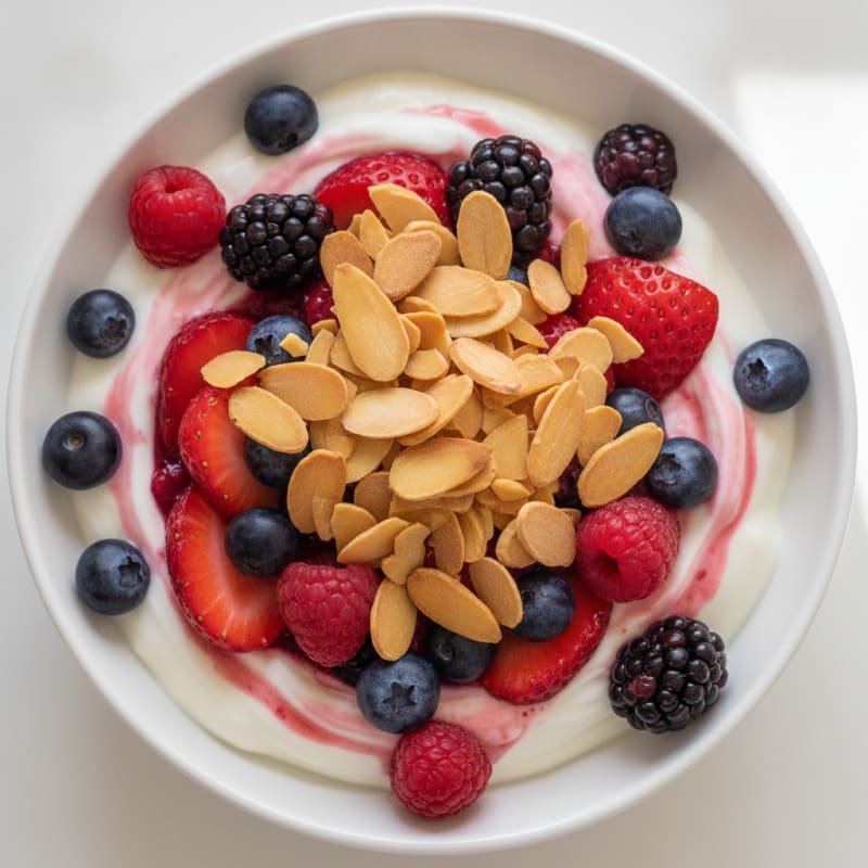 Greek Yogurt Protein Parfait with Mixed Berries and Almonds