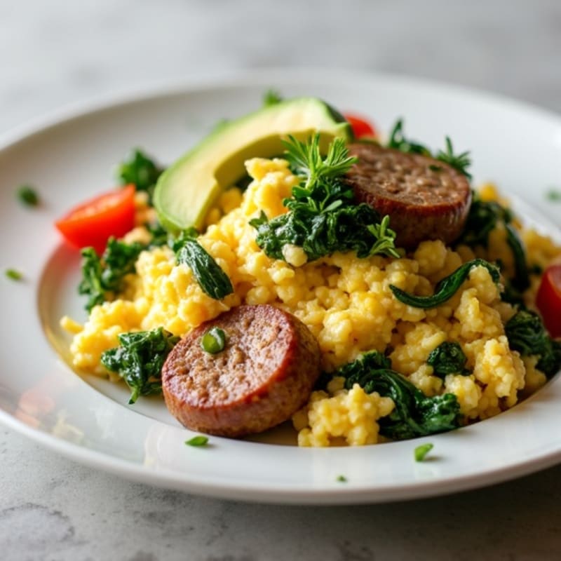 Egg White Scramble with Turkey Sausage and Sautéed Spinach