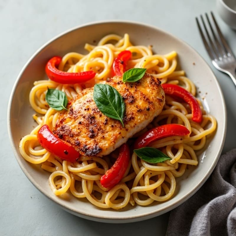 Spicy Pan-Seared Chicken with Whole Wheat Pasta and Sautéed Bell Peppers
