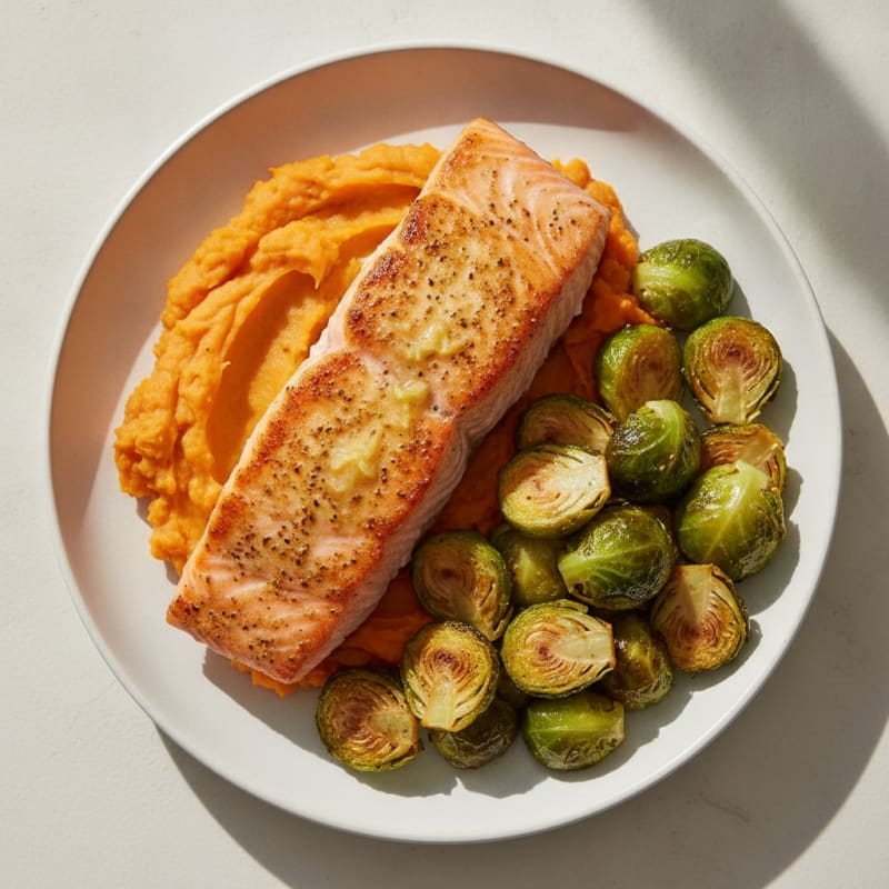 Seared Salmon with Roasted Brussels Sprouts and Sweet Potato Mash