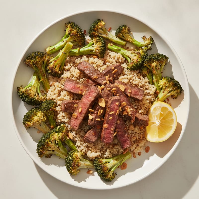 Seared Lean Beef Strips with Roasted Broccoli and Quinoa