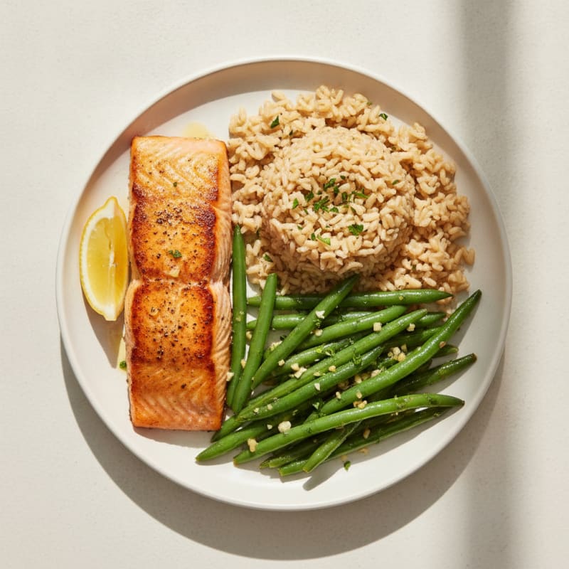 Seared Salmon with Garlic Green Beans and Brown Rice