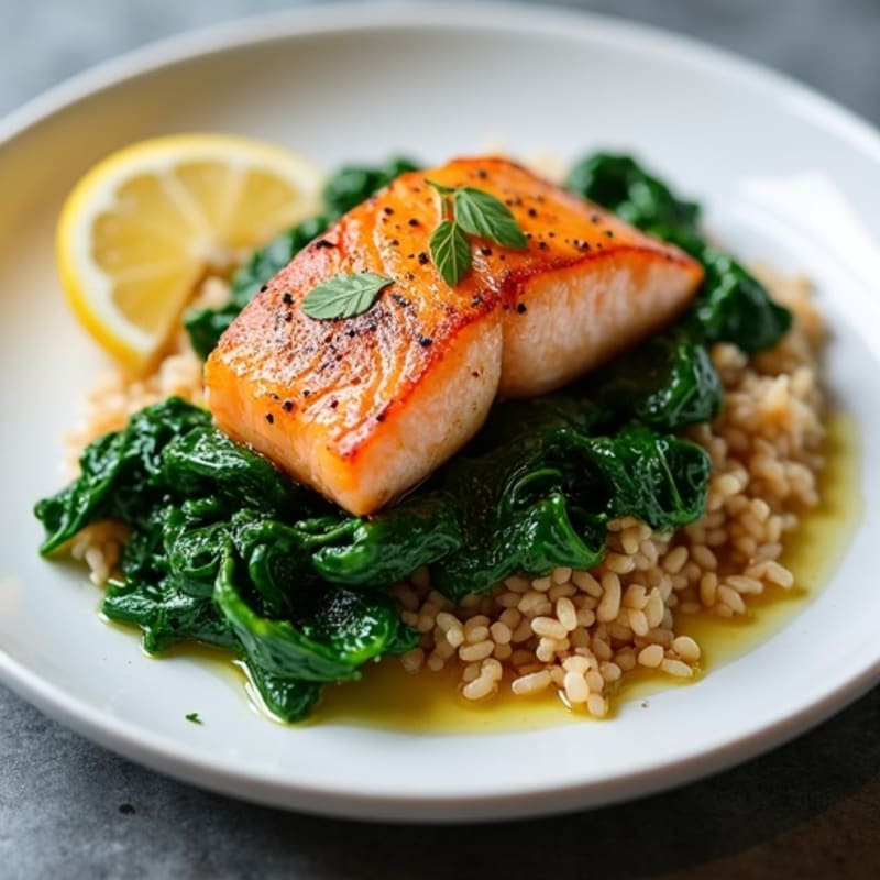 Seared Salmon with Garlic Spinach and Brown Rice