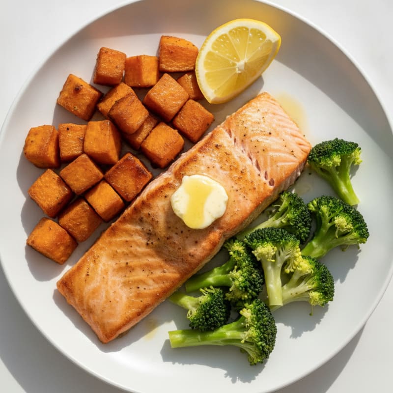Seared Salmon Fillet with Roasted Sweet Potato and Steamed Broccoli