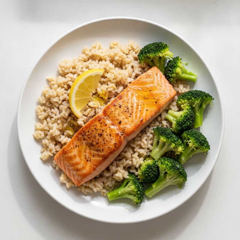 Seared Salmon with Steamed Rice and Broccoli