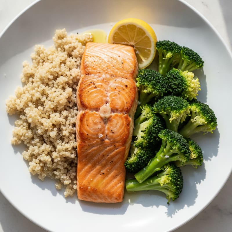 Seared Salmon Fillet with Steamed Broccoli and Quinoa