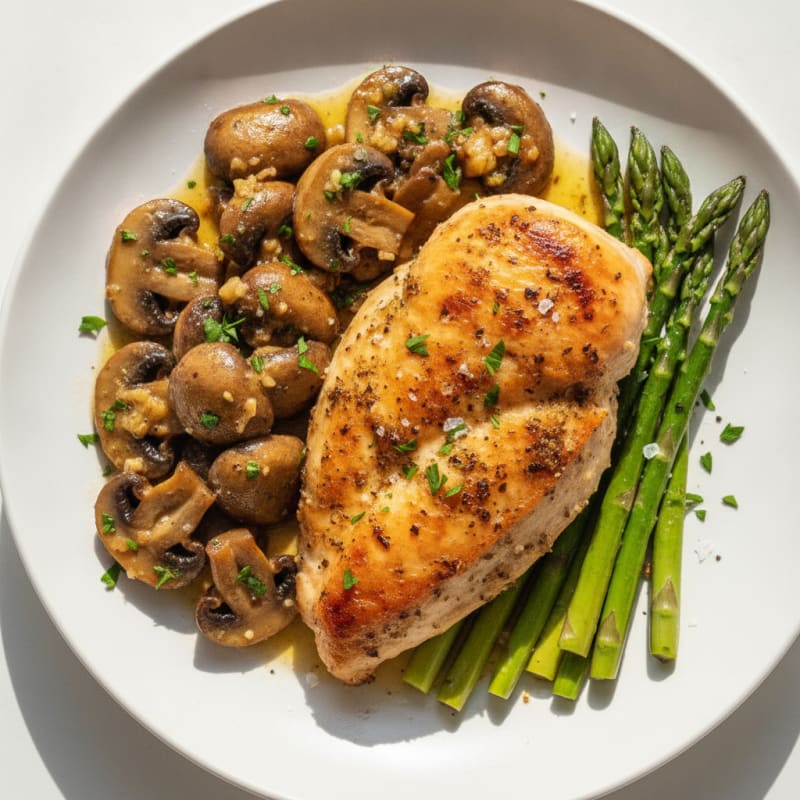 Garlic Butter Roasted Mushrooms with Herb-Crusted Chicken