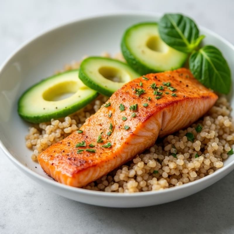 Crispy Salmon with Fresh Avocado, Cucumber, and Brown Rice
