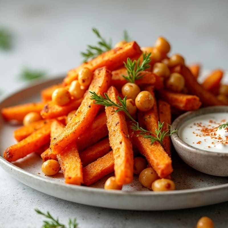 Crispy Baked Sweet Potato Fries with Roasted Chickpeas and Greek Yogurt Dip