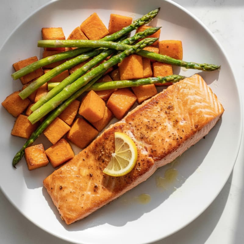 Seared Salmon with Roasted Sweet Potato and Asparagus