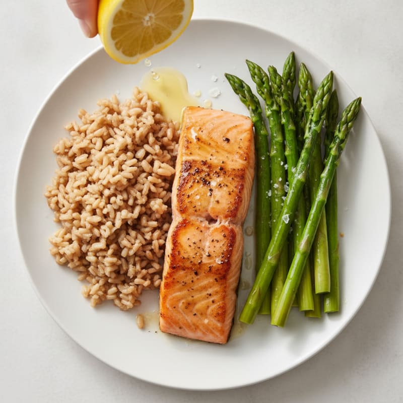 Seared Salmon Fillet with Steamed Asparagus and Brown Rice