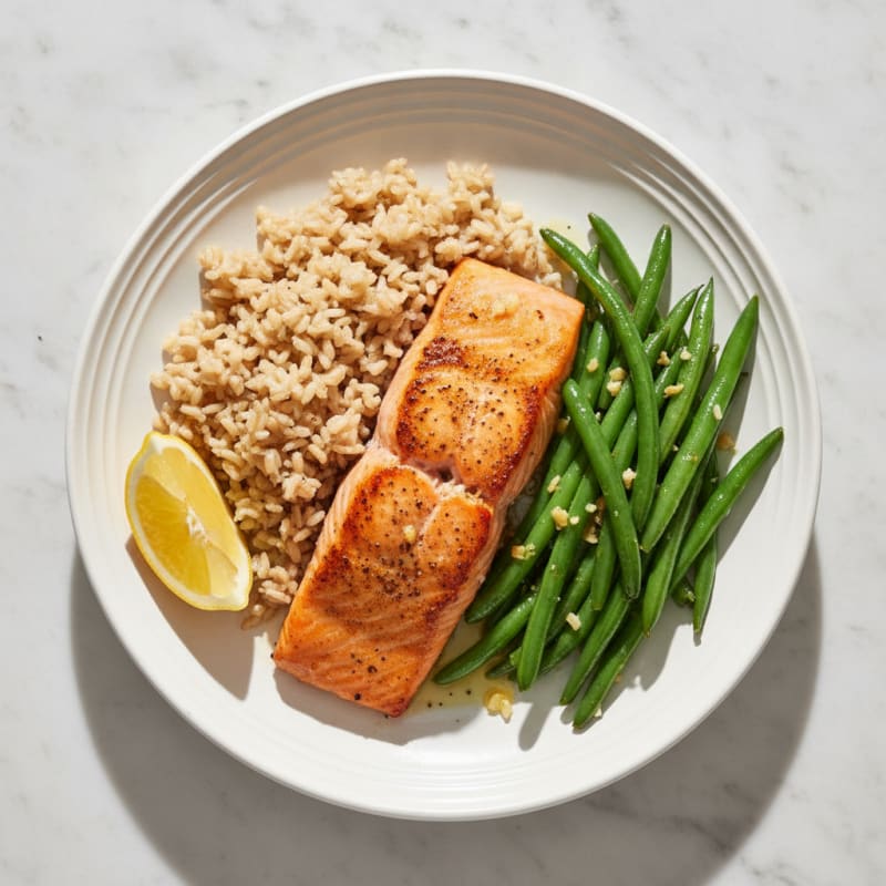 Seared Salmon with Garlic Green Beans and Brown Rice