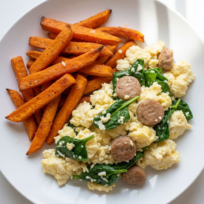 Egg White Scramble with Turkey Sausage and Roasted Sweet Potato Fries