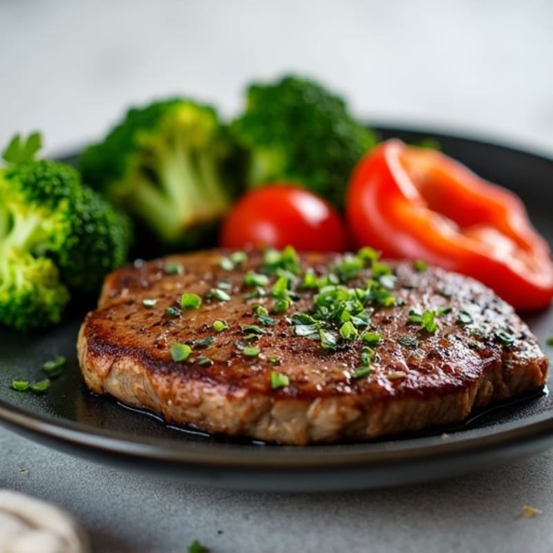 Seared Steak with Steamed Broccoli and Roasted Bell Peppers