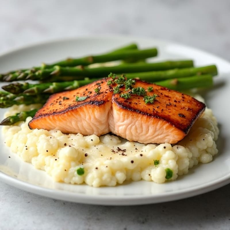 Seared Salmon with Steamed Asparagus and Garlic Cauliflower Mash
