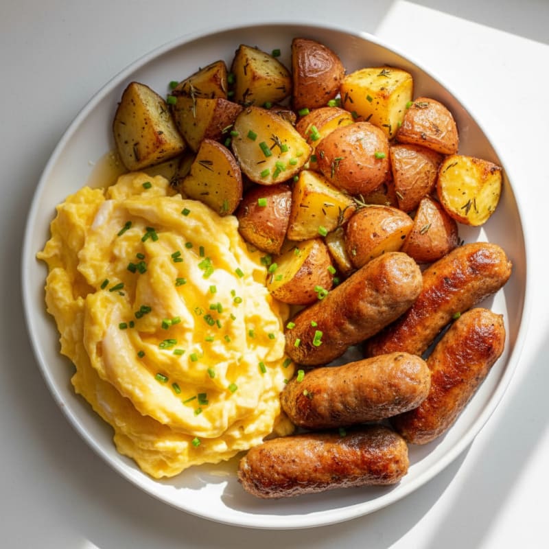 Creamy Scrambled Eggs with Roasted Potatoes and Turkey Sausage