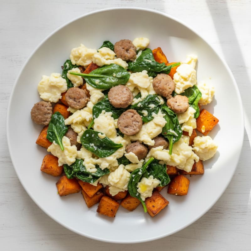 Egg White and Turkey Sausage Scramble with Spinach and Roasted Sweet Potato