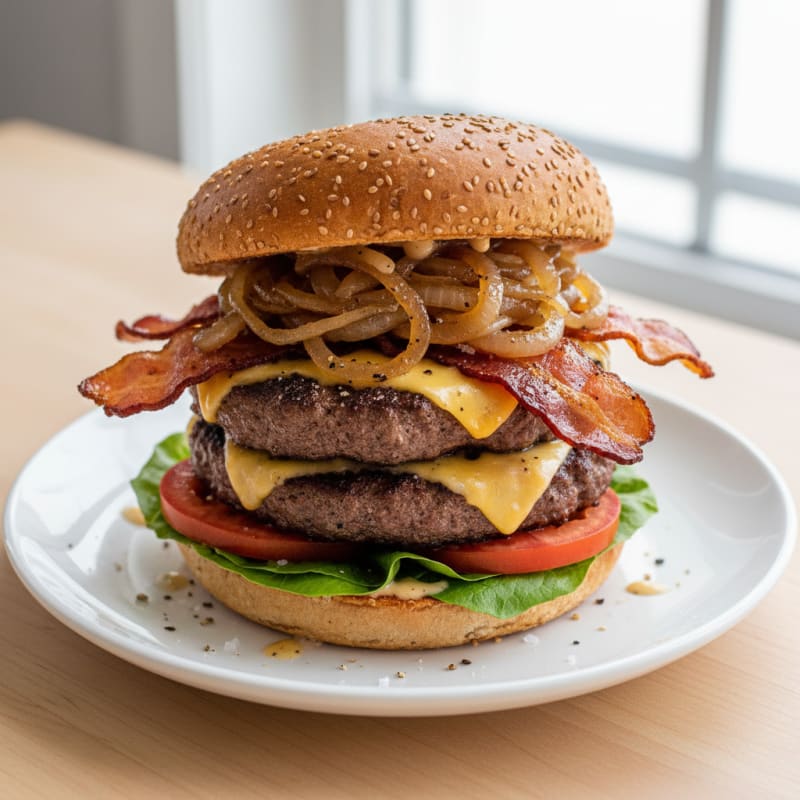 Double Bacon Cheeseburger with Caramelized Onions