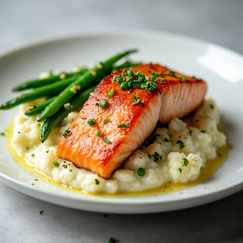 Seared Salmon with Garlic Green Beans and Cauliflower Mash