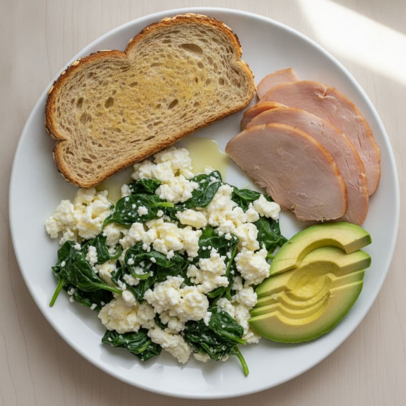 Egg White Spinach Scramble with Cottage Cheese and Sliced Turkey